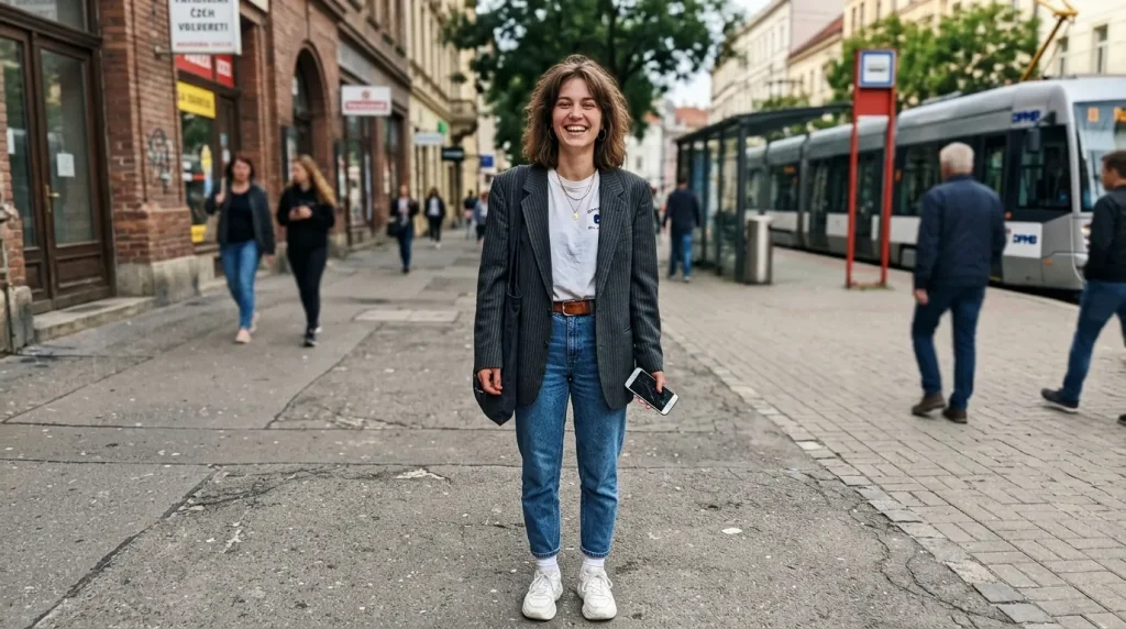 90 roky móda: Šokujúce trendy a 7 overených metód, ako ju nosiť dnes 1 Modelka v modernom outfite inšpirovanom módou 90. rokov s oversized sakom a mom džínsami.