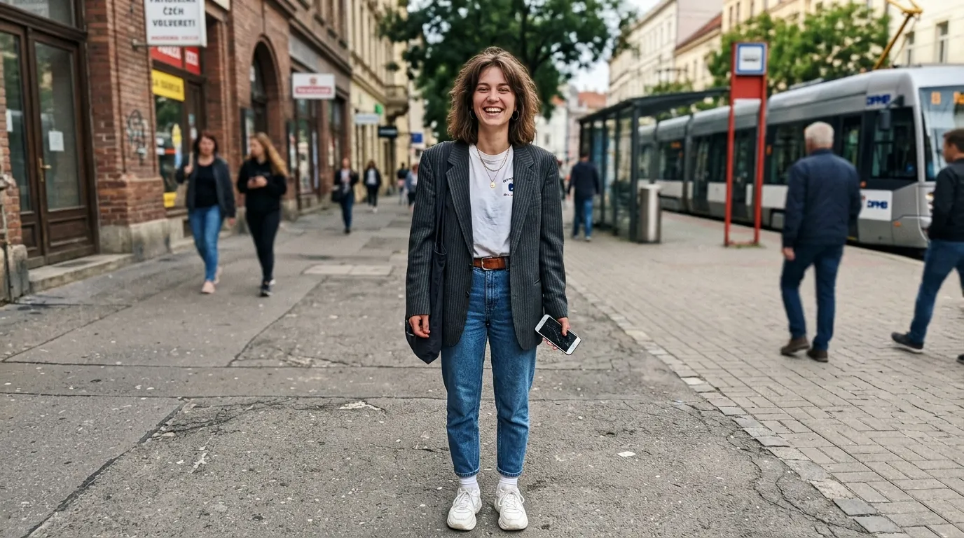 Modelka v modernom outfite inšpirovanom módou 90. rokov s oversized sakom a mom džínsami.